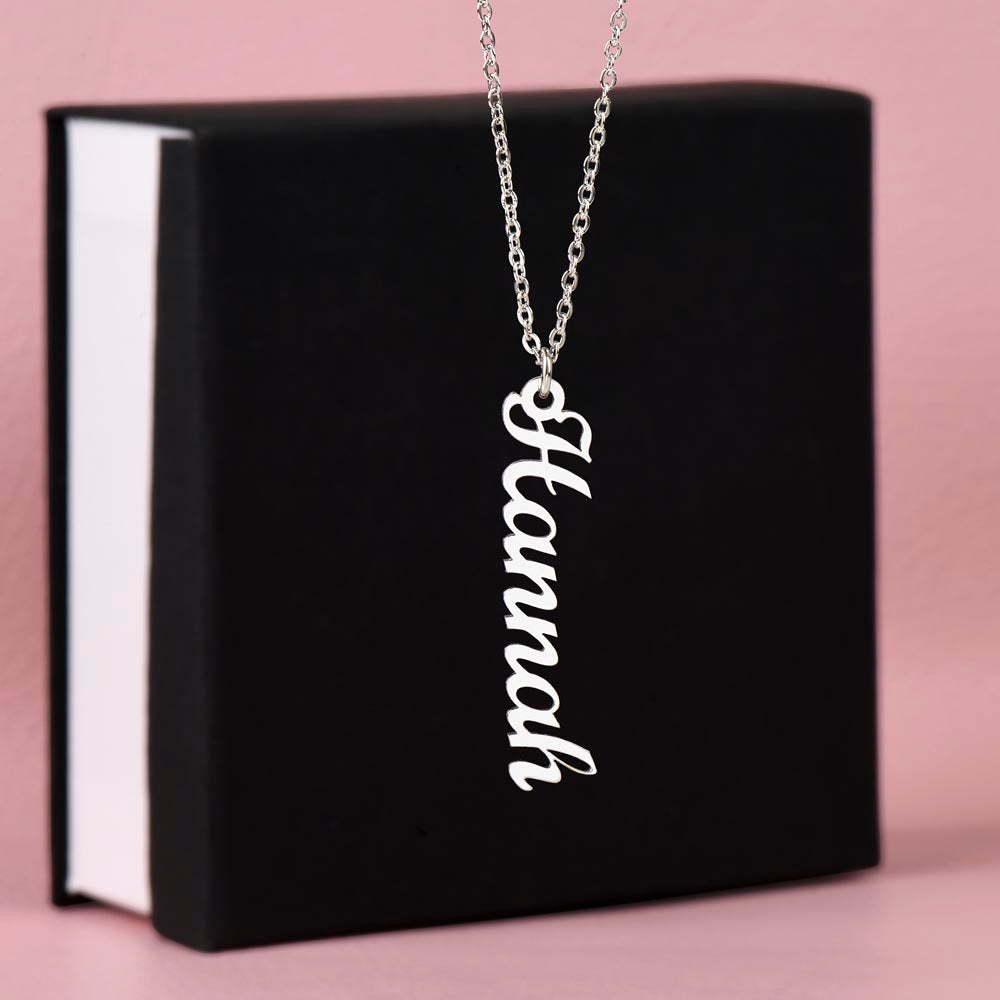 vertical silver name necklace and gift box