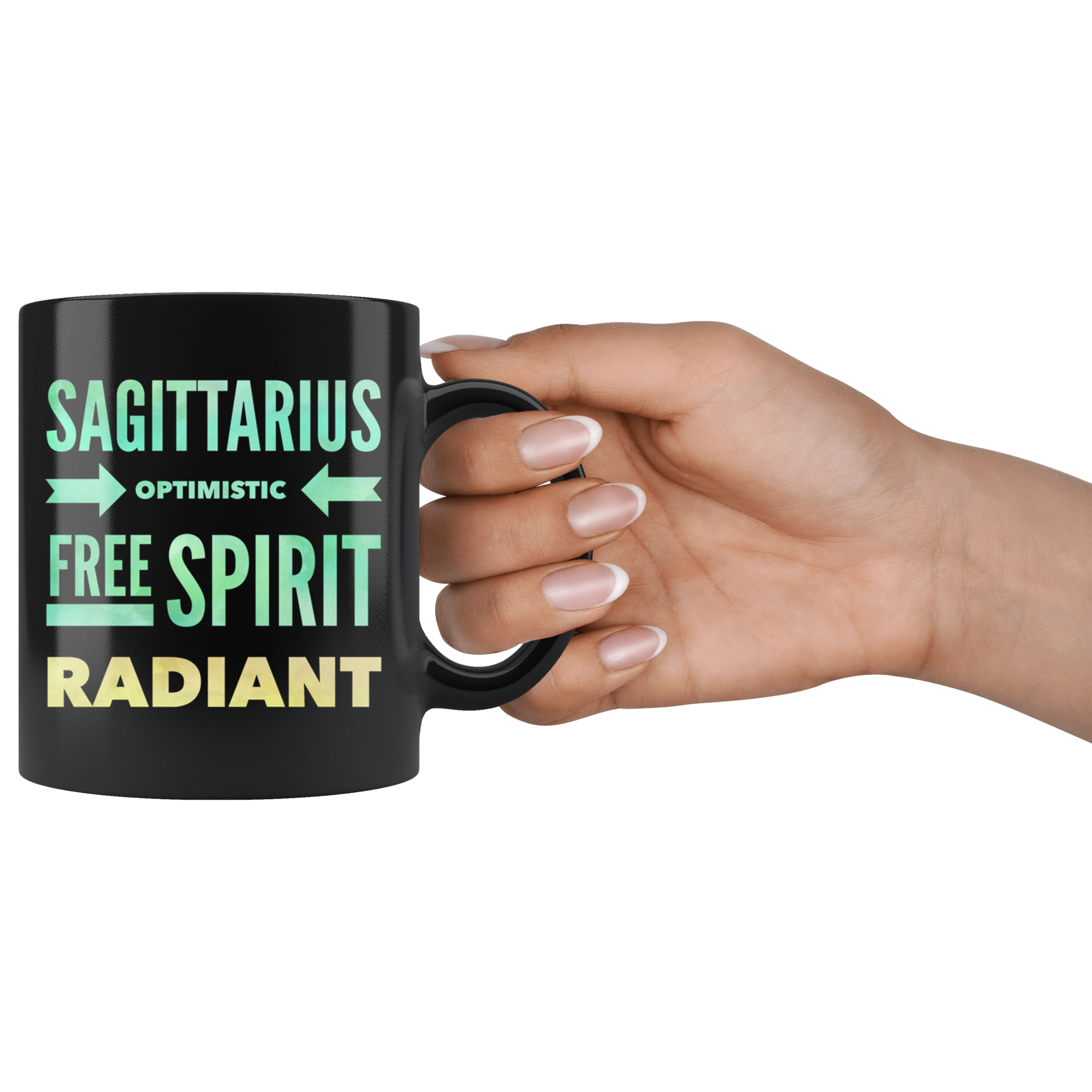 hand holding sagittarius astrology traits horoscope custom black mug