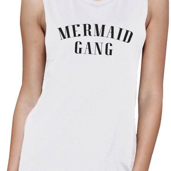 Mermaid Gang Womens White Summer Graphic Muscle Tanks Funny Gifts