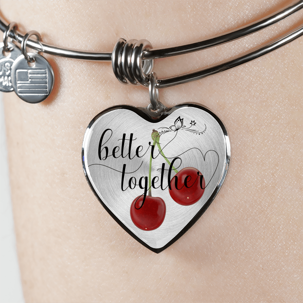 Heart shape better together 2 cherries silver bangle bracelet
