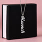 vertical silver name necklace and gift box