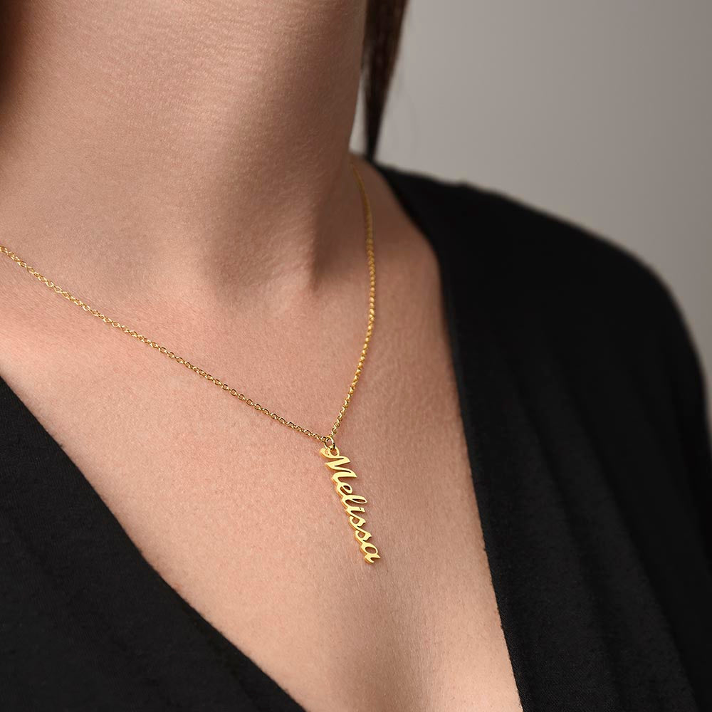vertical gold colored name necklace