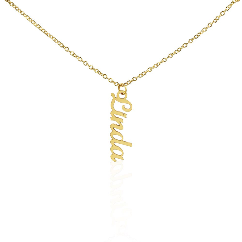 vertical gold color name necklace made in the USA