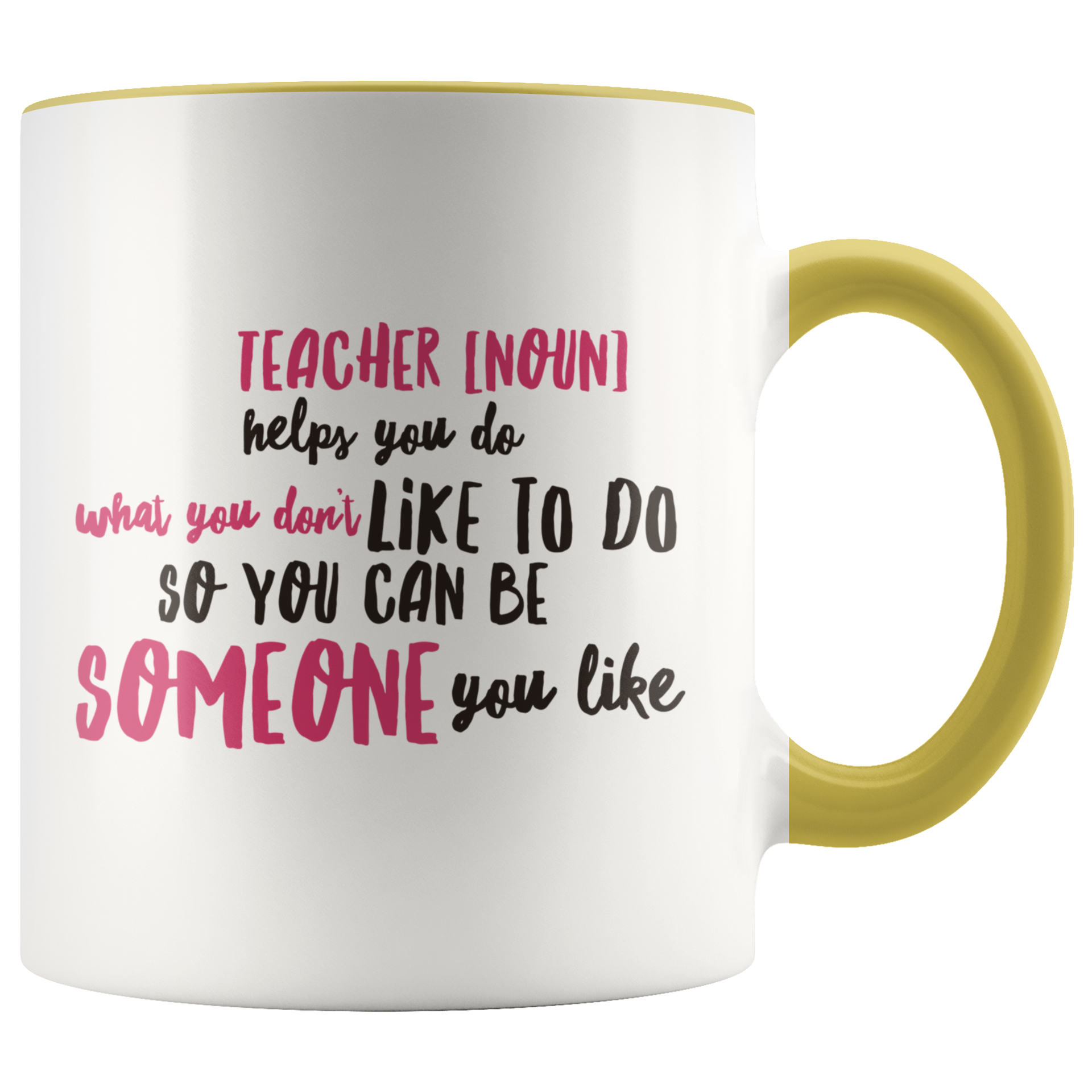 teacher appreciation custom white mug yellow handle