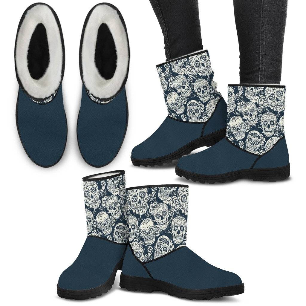 Sugar Skull Navy and White Faux Fur Boots