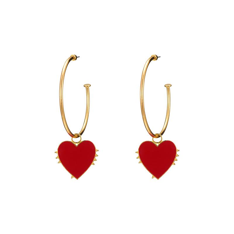red enamel heart and gold hoop earrings