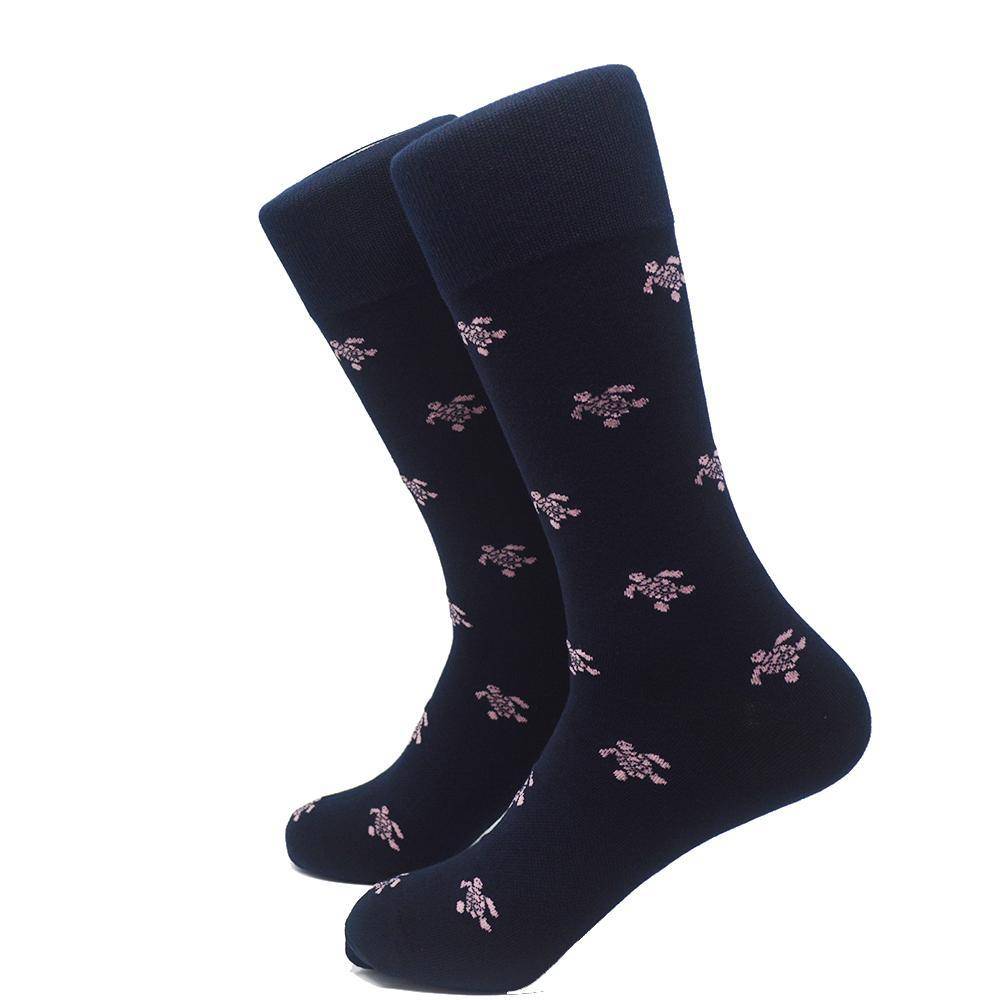 Turtle Socks - Men's Mid Calf - Pink on Navy