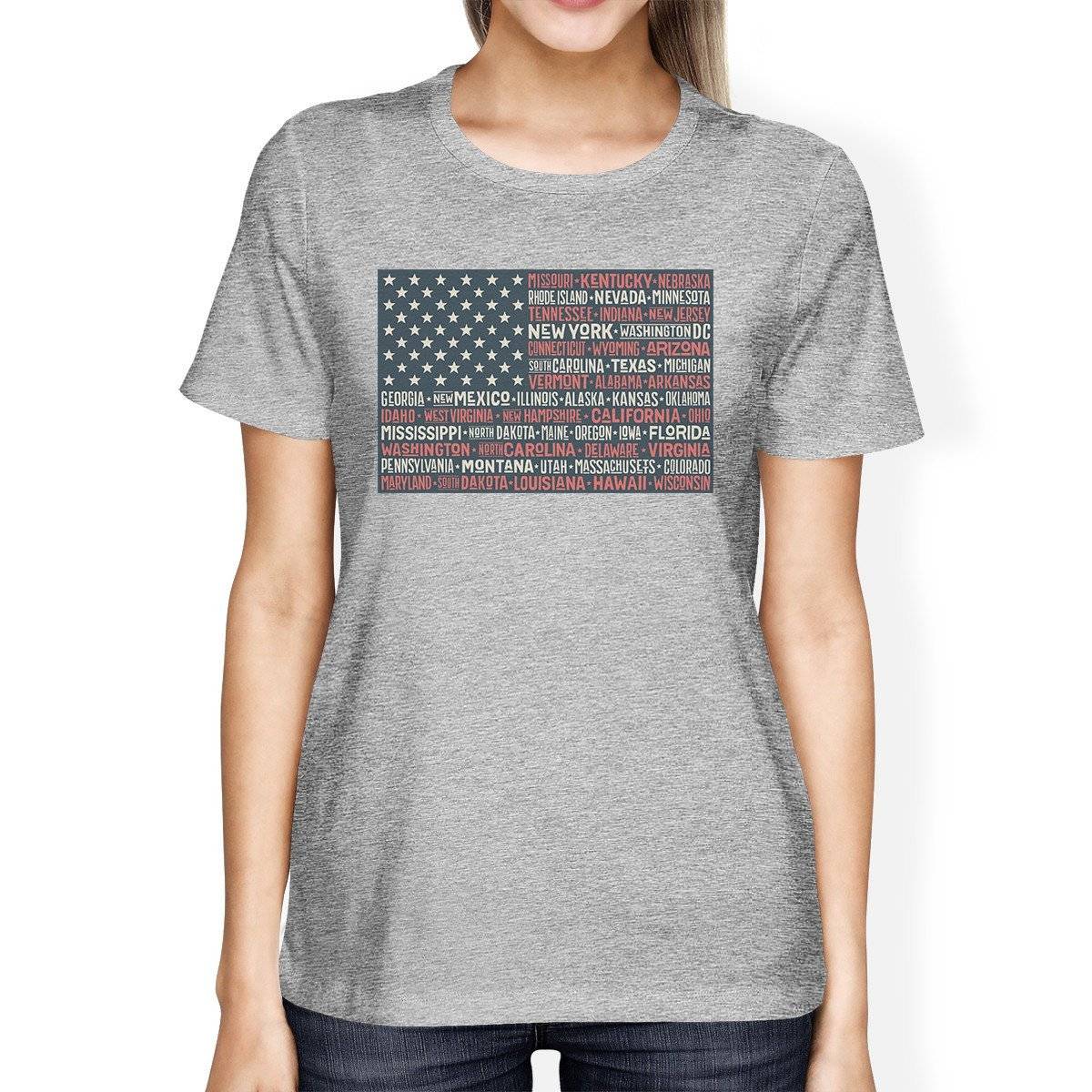 50 States US Flag American Flag Shirt Womens Grey Cotton T-Shirt