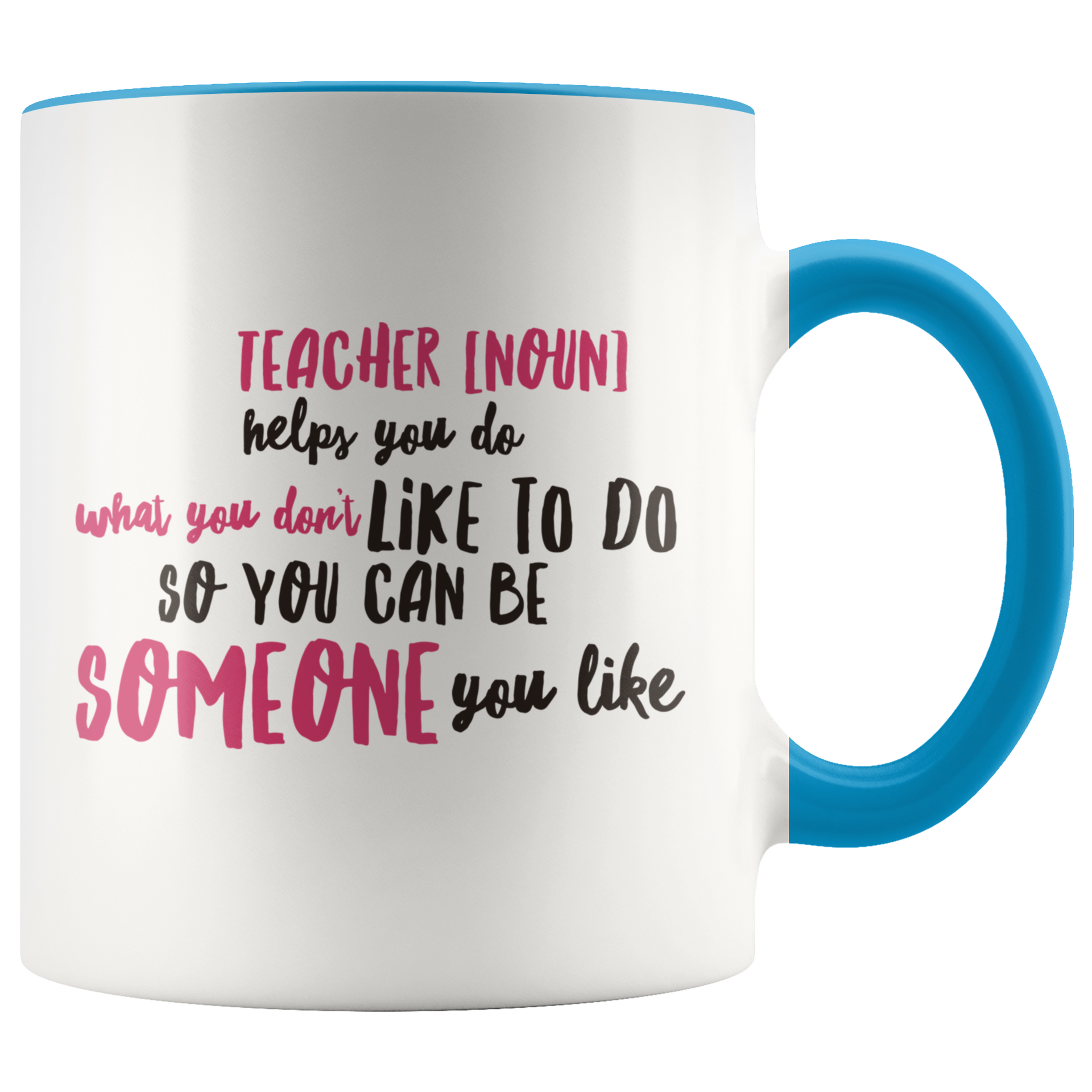 teacher appreciation custom white mug blue handle