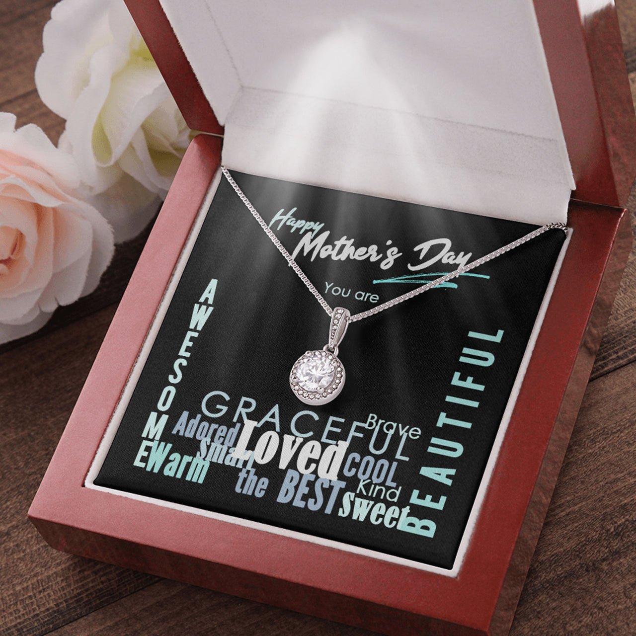mothers day cubic zirconia necklae with message card and luxury light up gift box