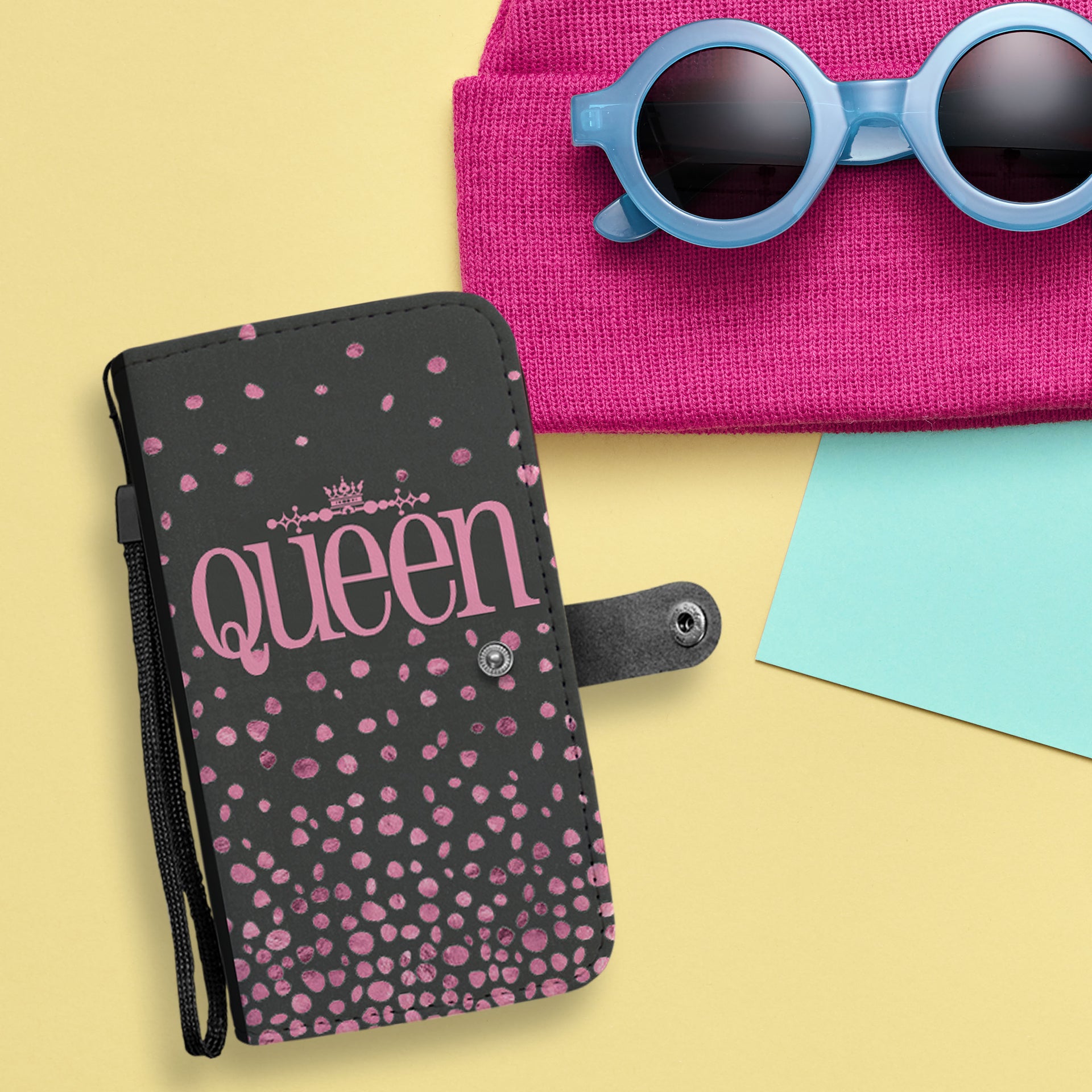 queen pink wallet phone case with detachable strap