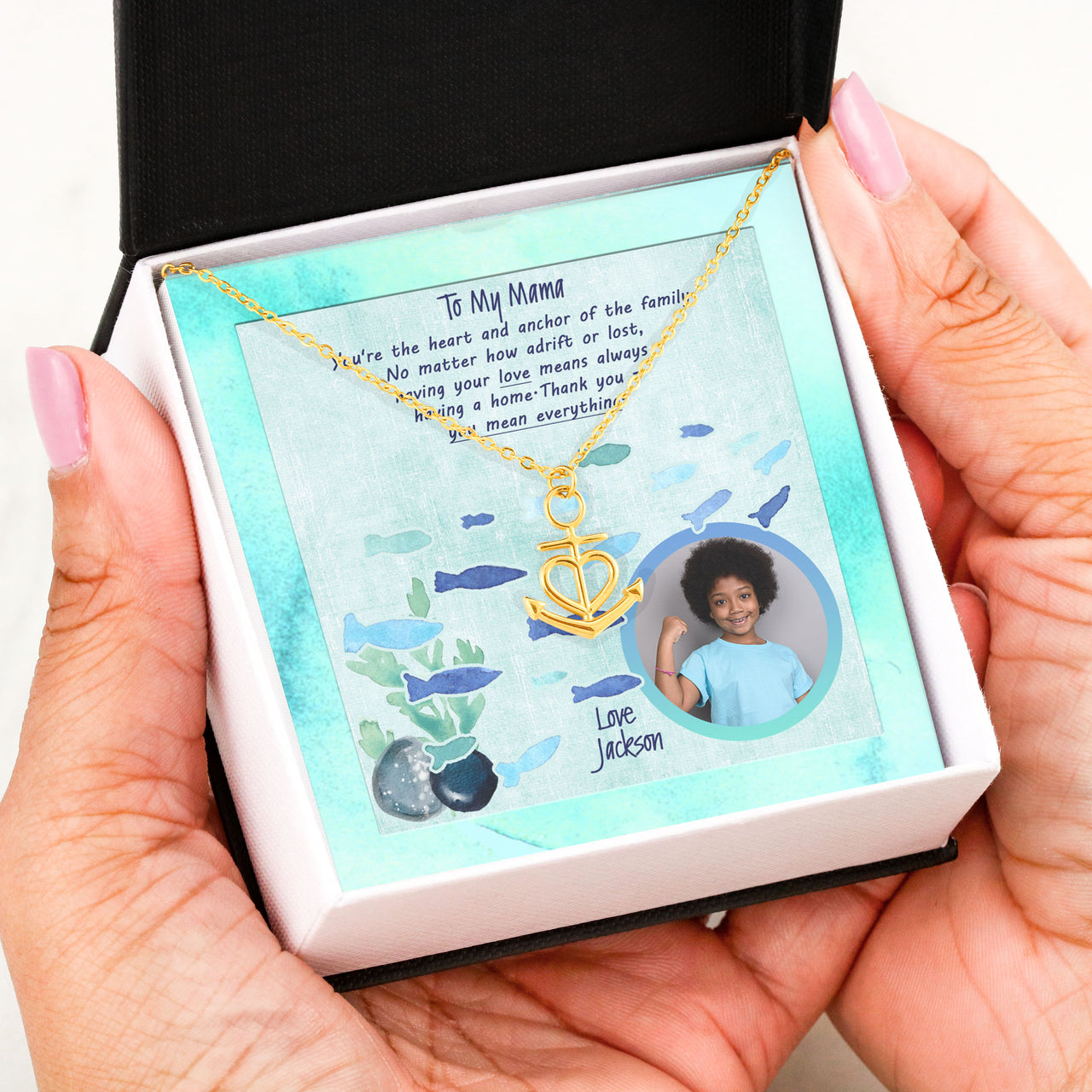 personalized photo and message gift card with necklace