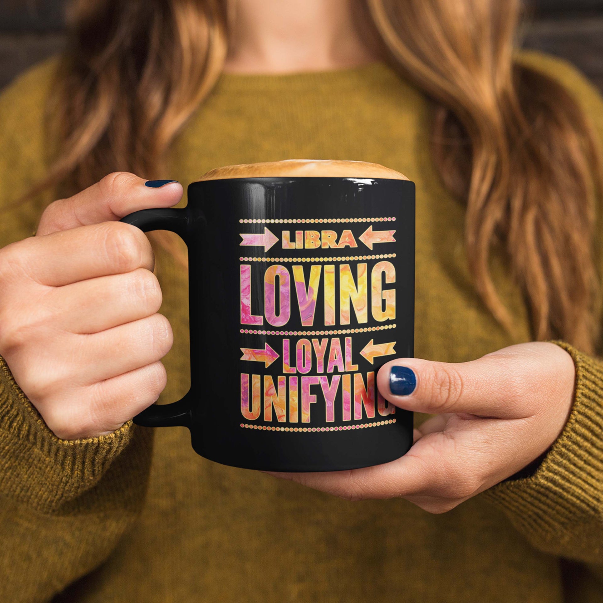 woman holding libra astrology horoscope quote black mug