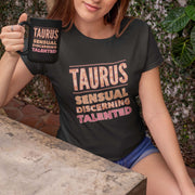 woman holding taurus horoscope astrology traits custom black mug