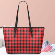 red buffalo plaid vegan leather tote with zipper