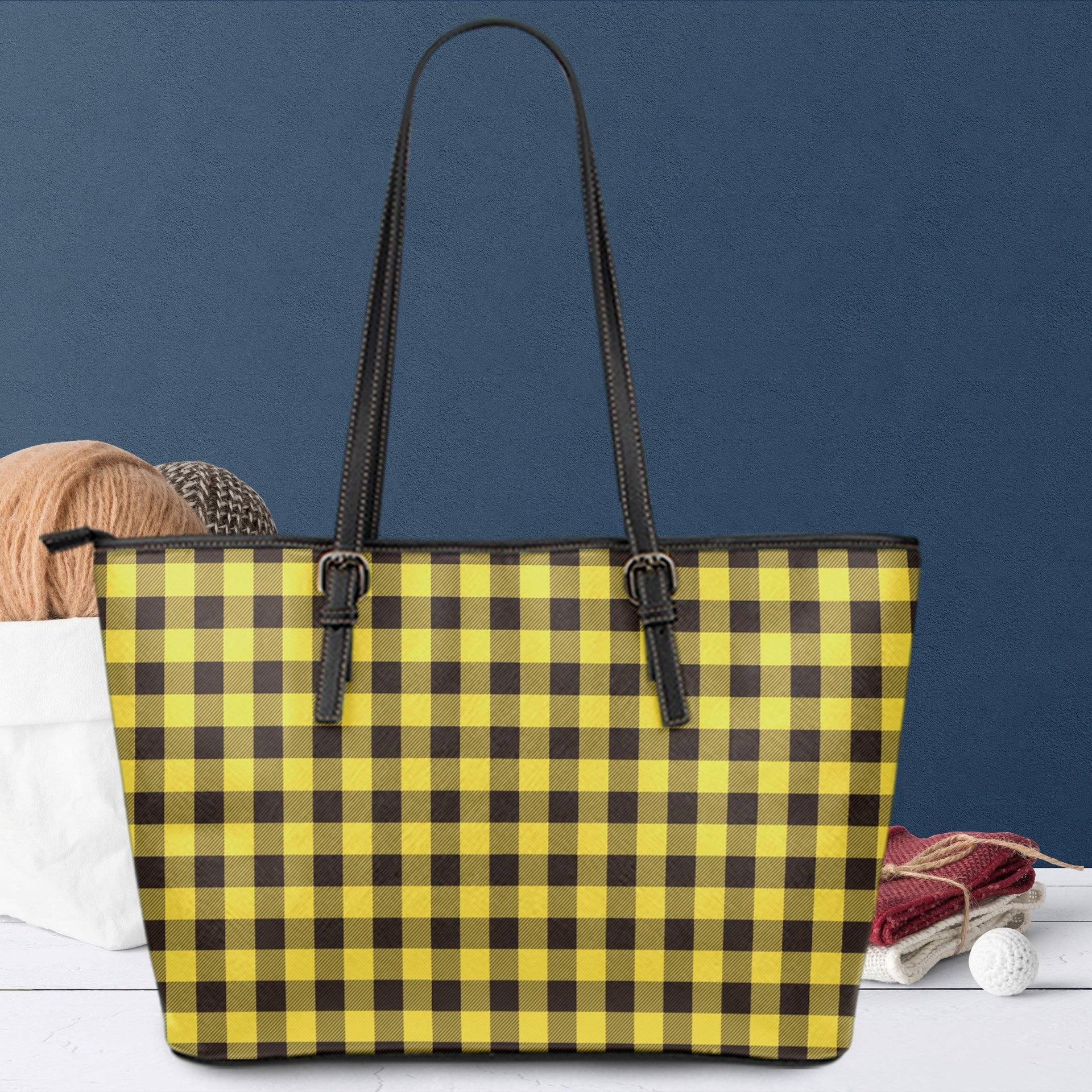 yellow buffalo plaid vegan leather tote with zipper