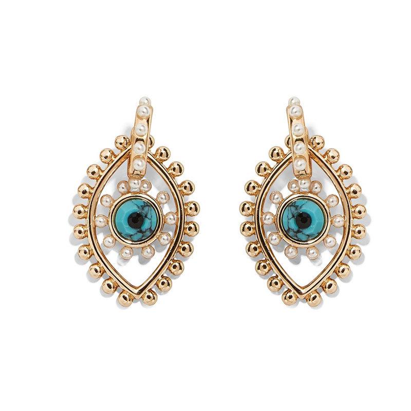 gold blue and pearl pierced earrings
