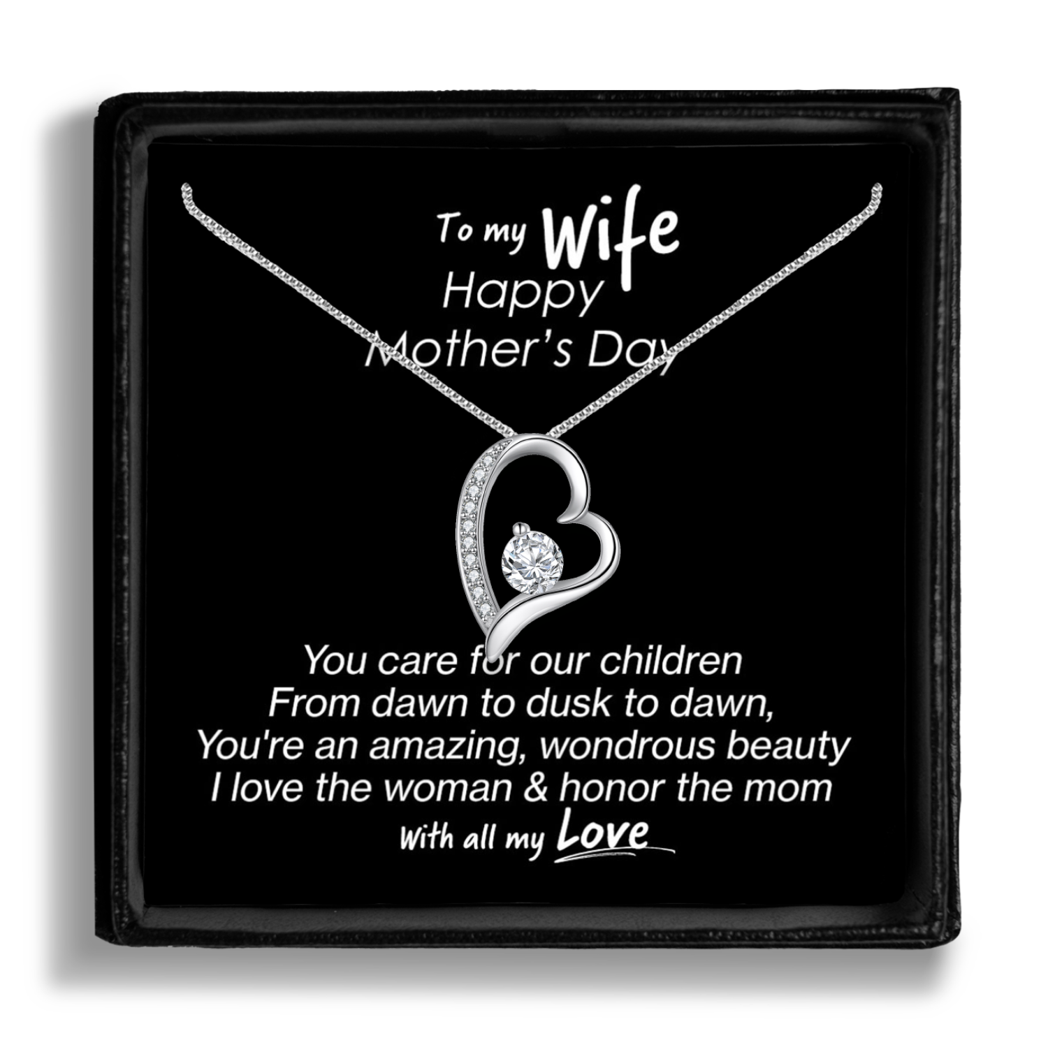 wife mother's day cubic zirconia cz heart necklace and message card gift box