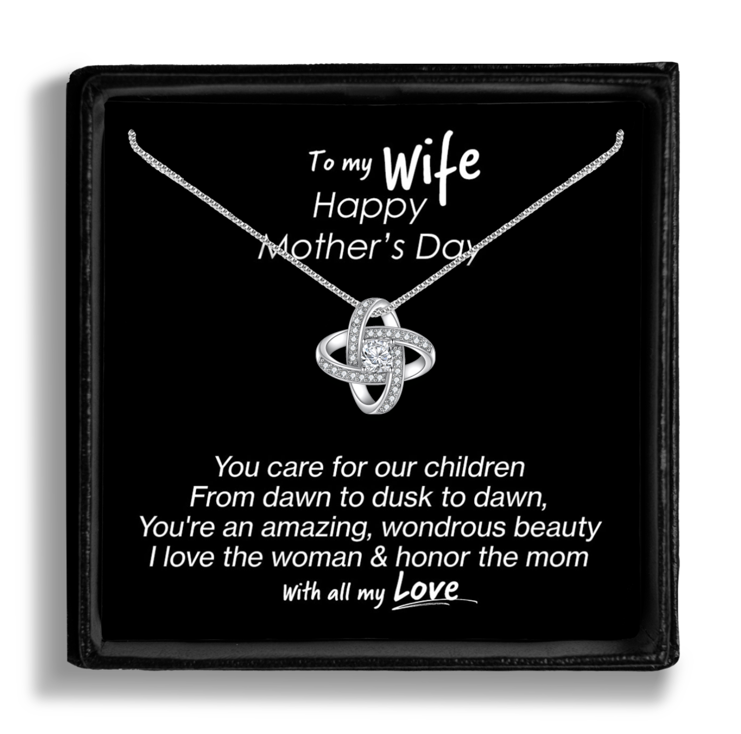 wife mother's day cubic zirconia cz love knot necklace and message card gift box