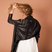 womens modern bomber style jacket back view