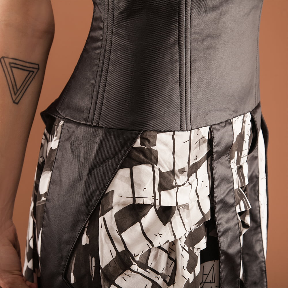 closeup of black and white layered skirt custom design