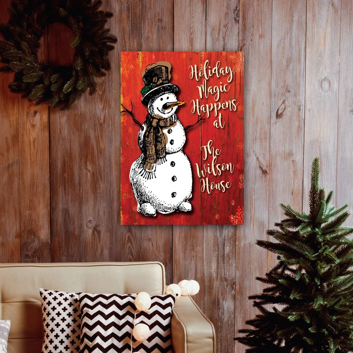 Holiday Snowman Canvas Art Add Family Name