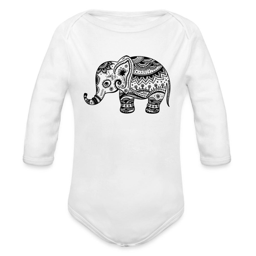 Mandala Elephant Organic Long Sleeve Baby Bodysuit - white