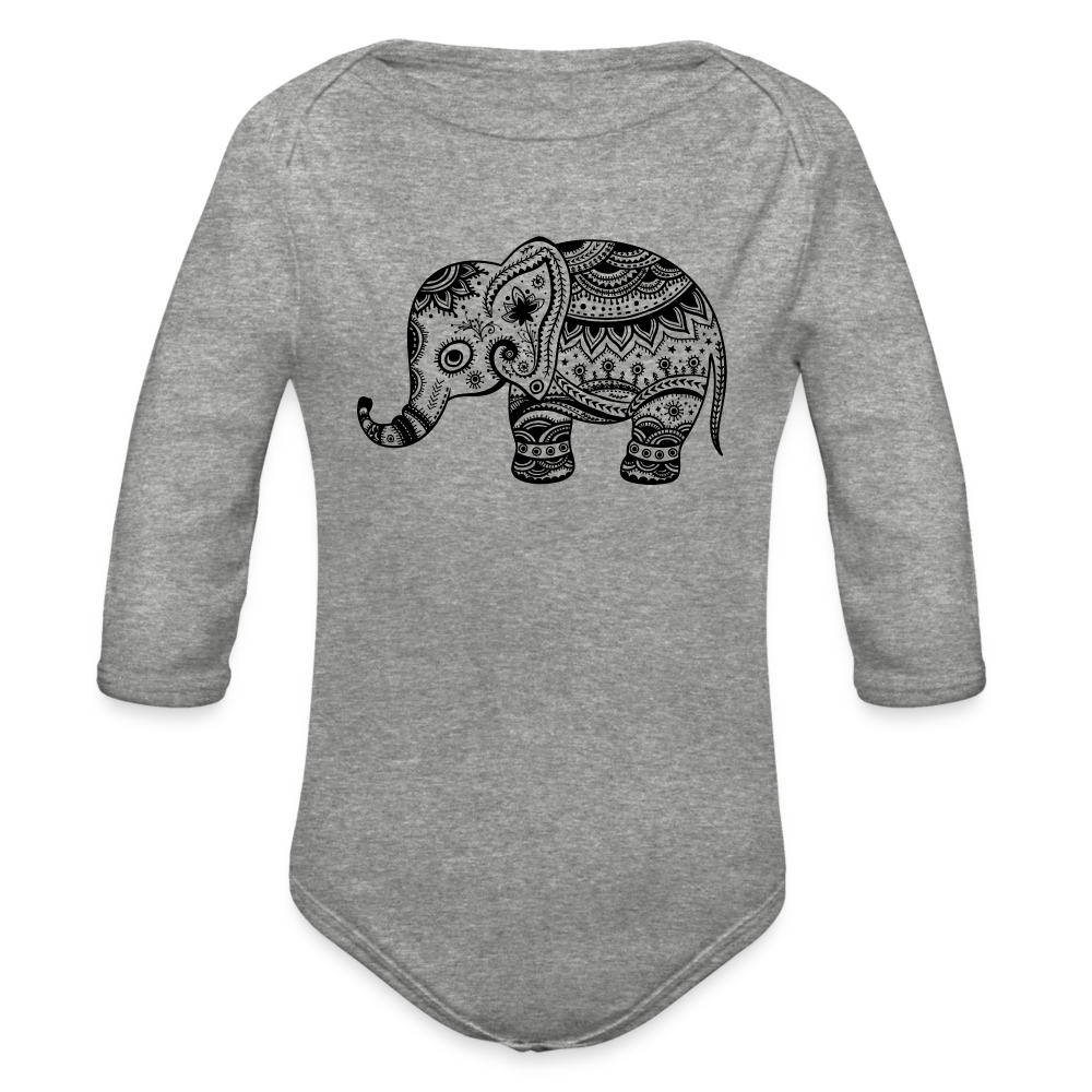 Mandala Elephant Organic Long Sleeve Baby Bodysuit - heather grey
