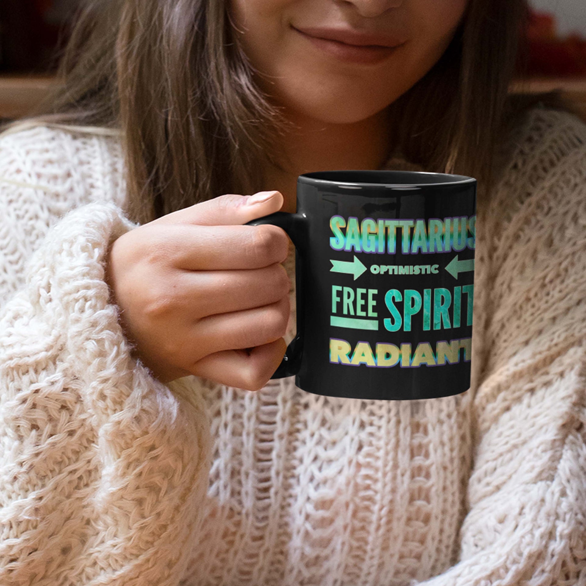 woman holding sagittarius astrology traits horoscope custom black mug