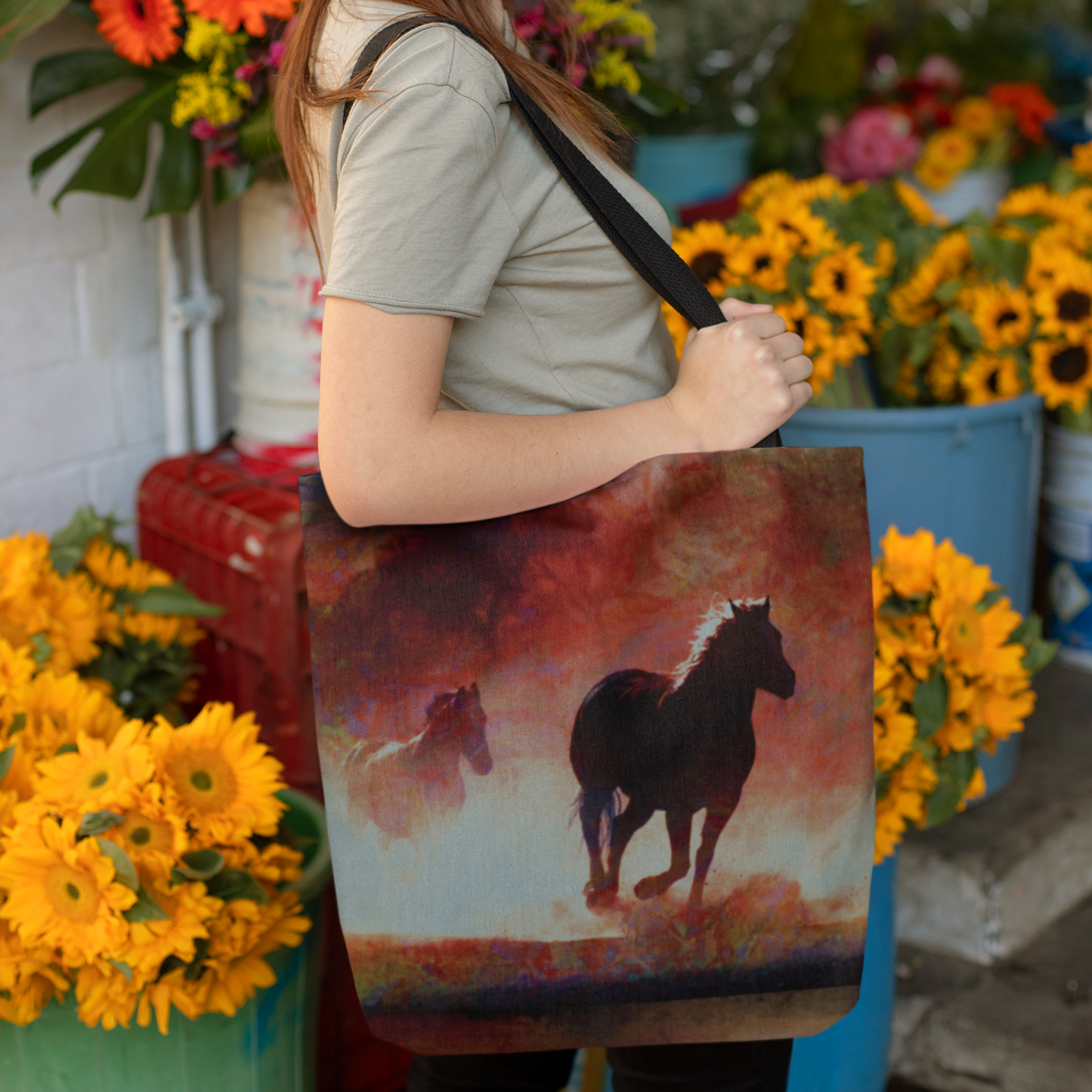 girl holding wild horses allover print tote bag