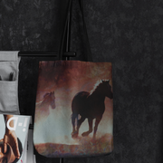 wild horses allover print tote bag hanging from wall hook
